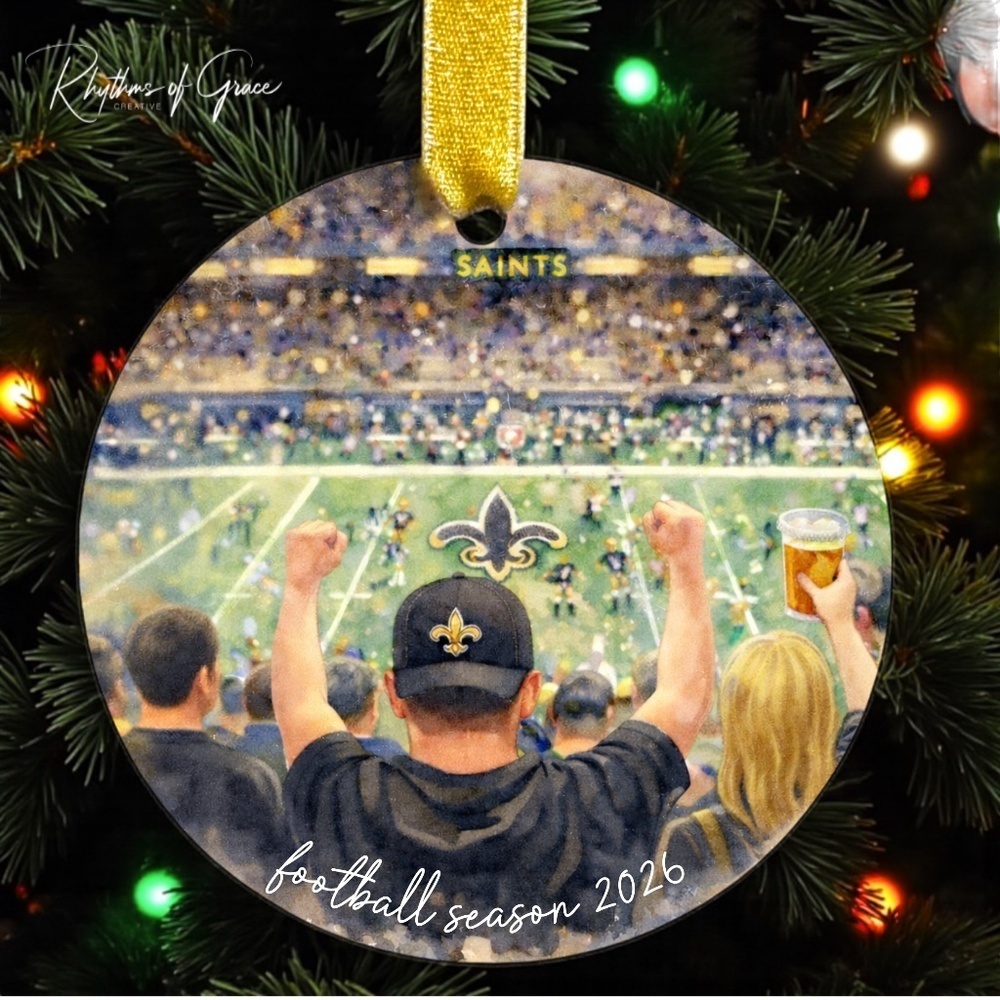 New Orleans Saints Watercolor Football Christmas Ornament, Black & Gold Fan Gift
